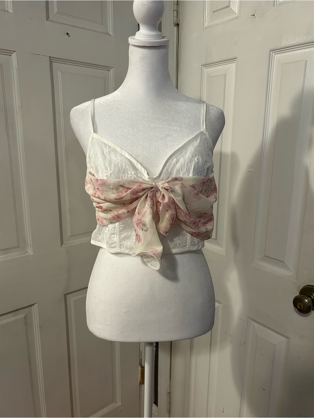 Cider Cream Lace Cami with Pink Floral Tie Front